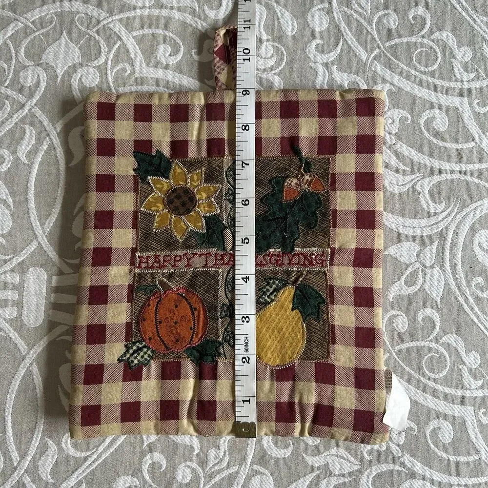Table Runner Pot Holder Set Happy Thanksgiving Botanical Buffalo Check Maroon